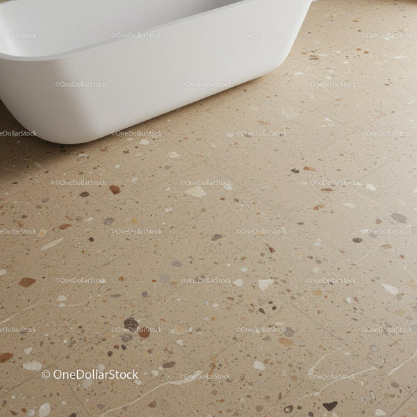 Elegancka nowoczesna łazienka z białą wanną i beżową podłogą terrazzo