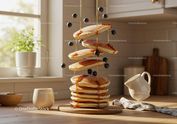 Fluffy pancakes with syrup and fresh blueberries floating