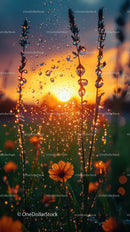 Sunset Dew Drops on Wildflowers in a Vibrant Garden Scene