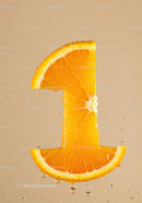 Fresh orange slice shaped like number one with water droplets