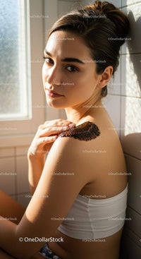 Calm woman applying natural scrub on her shoulder