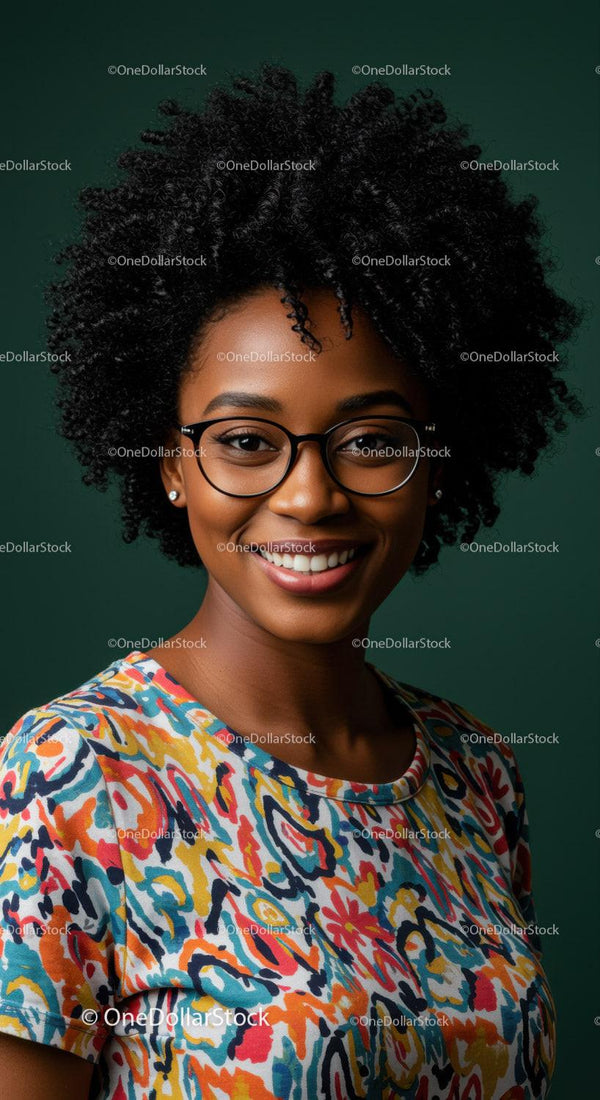 Portrait of a Happy African Woman with Curly Hair Wearing Glasses