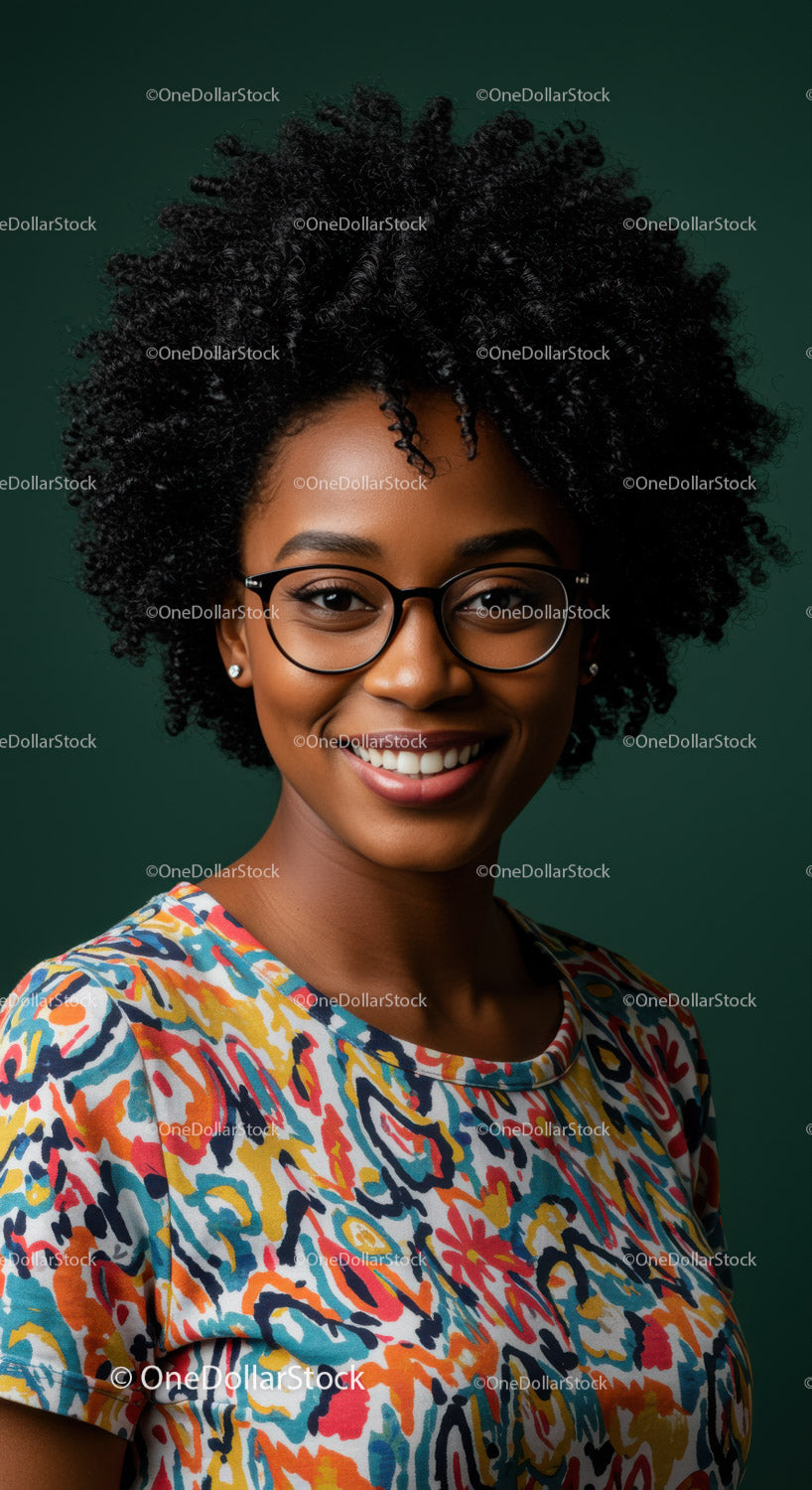 Portrait of a Happy African Woman with Curly Hair Wearing Glasses