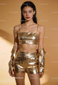 Confident young woman in metallic gold outfit