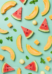 Fresh watermelon and cantaloupe slices with mint leaves