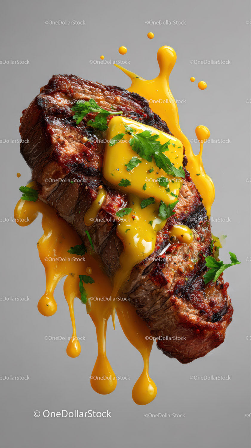 Juicy Grilled Steak with Yellow Sauce and Fresh Parsley Garnish