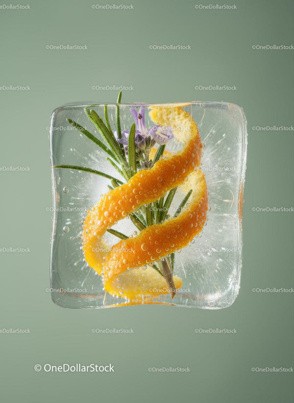 Frozen citrus peel and rosemary sprig in ice cube