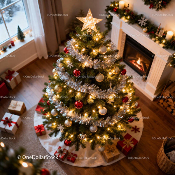 Festive Christmas Tree with Gifts and Cozy Fireplace
