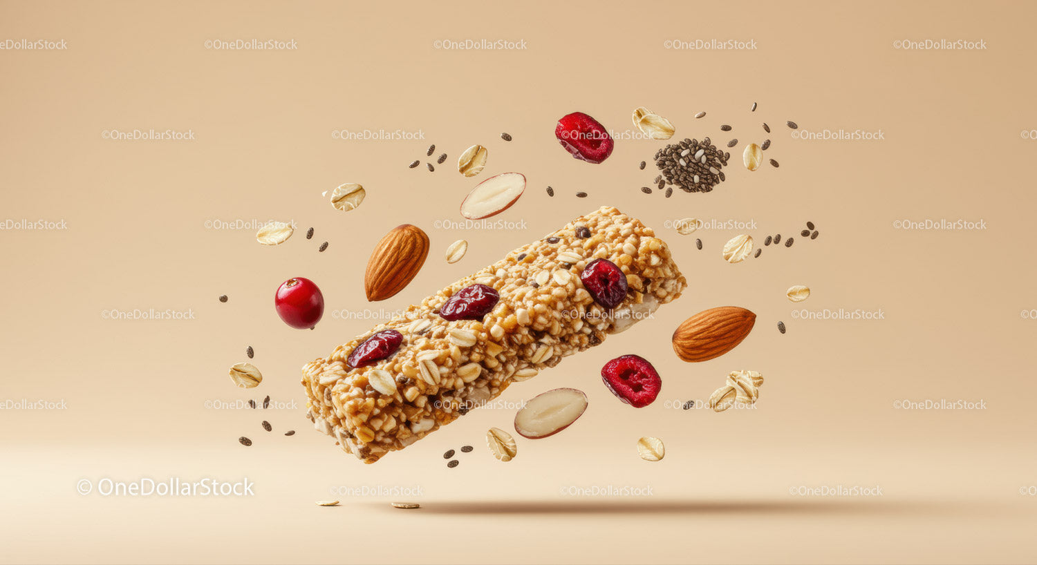 Granola Bar with Nuts and Dried Cranberries in Motion