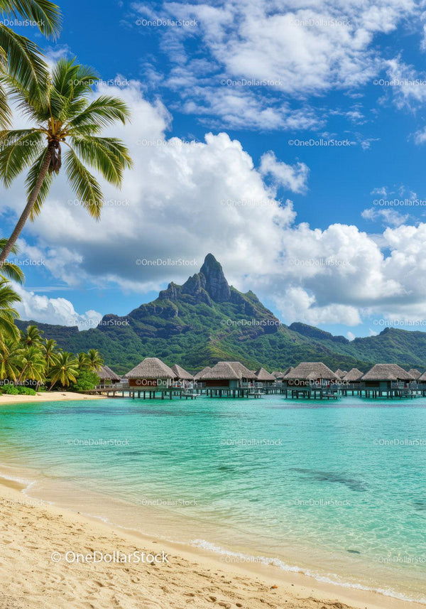 Tropical Island with Overwater Bungalows and Mountain Landscape