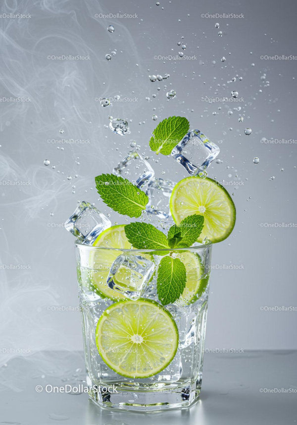 Refreshing lime and mint drink with ice splashing