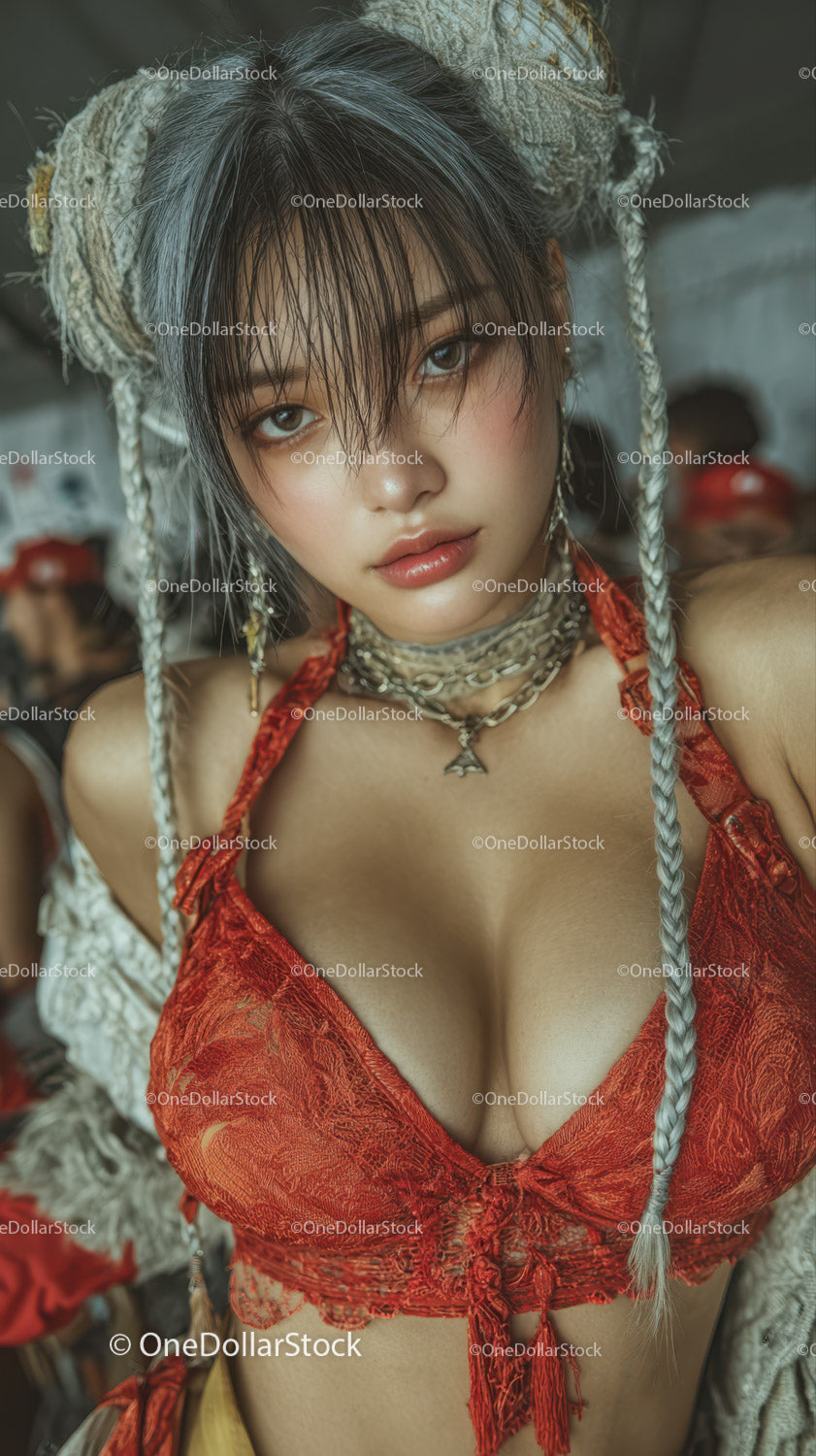 Young woman in traditional ethnic costume with silver braided hair and jewelry