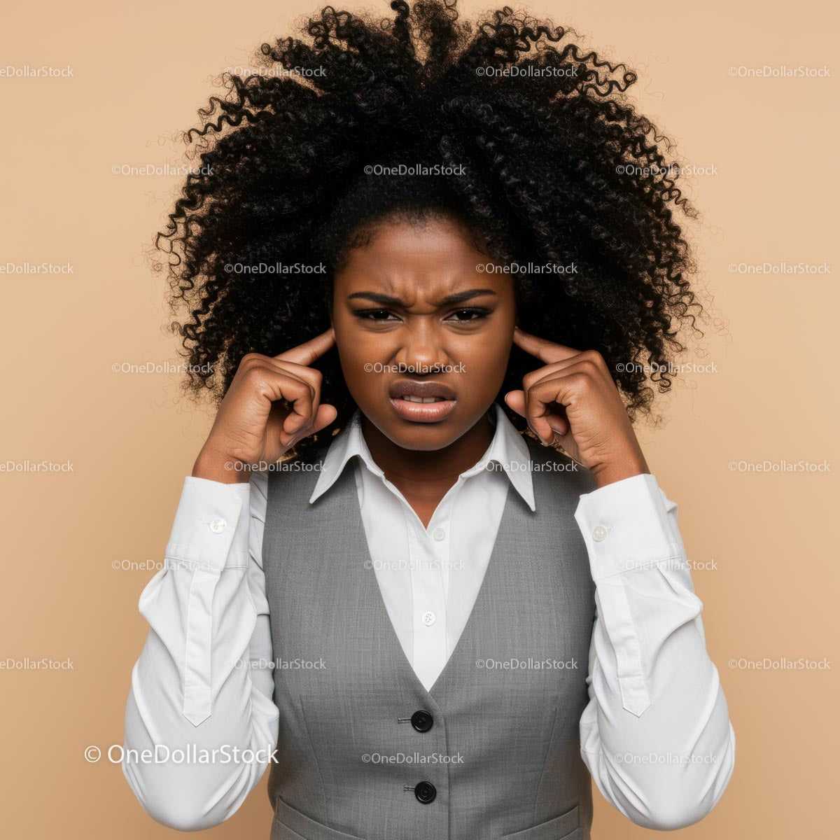 Confused Young Woman with Curly Hair Expressing Frustration in Business Attire