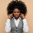 Confused Young Woman with Curly Hair Expressing Frustration in Business Attire