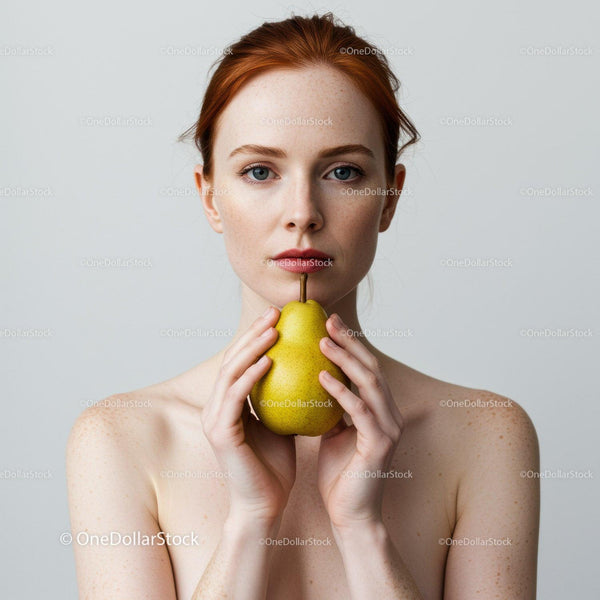 Elegant Female Portrait Holding Pear with Neutral Background