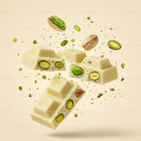 Chunks of white chocolate with whole pistachios floating