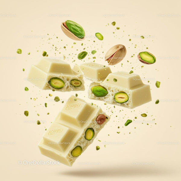 Chunks of white chocolate with whole pistachios floating