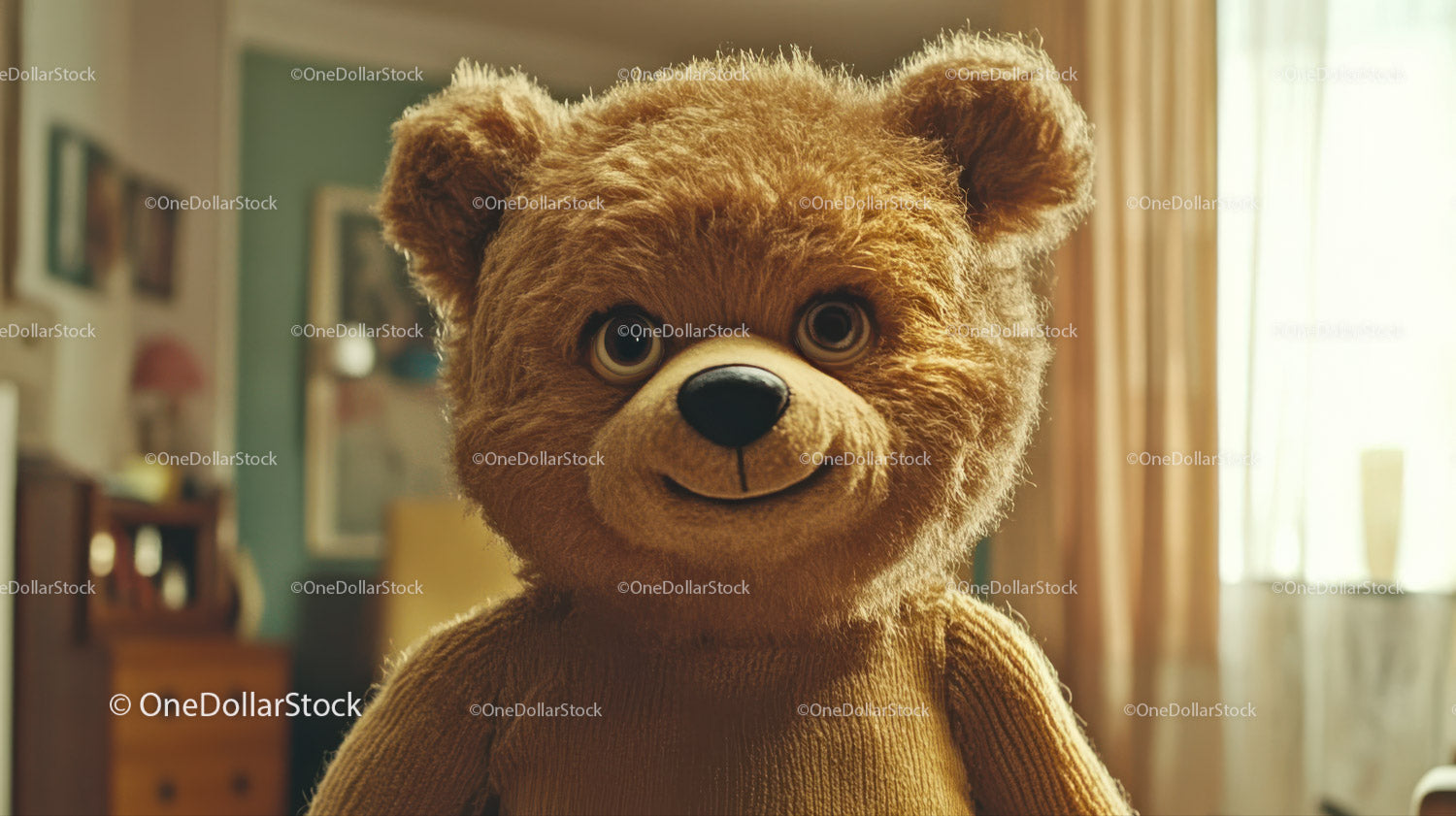 Cute Brown Teddy Bear in Cozy Indoor Setting with Warm Atmosphere