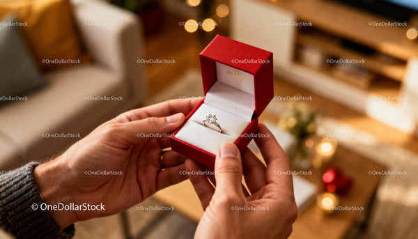 Man Holding Diamond Engagement Ring in Red Box Indoors