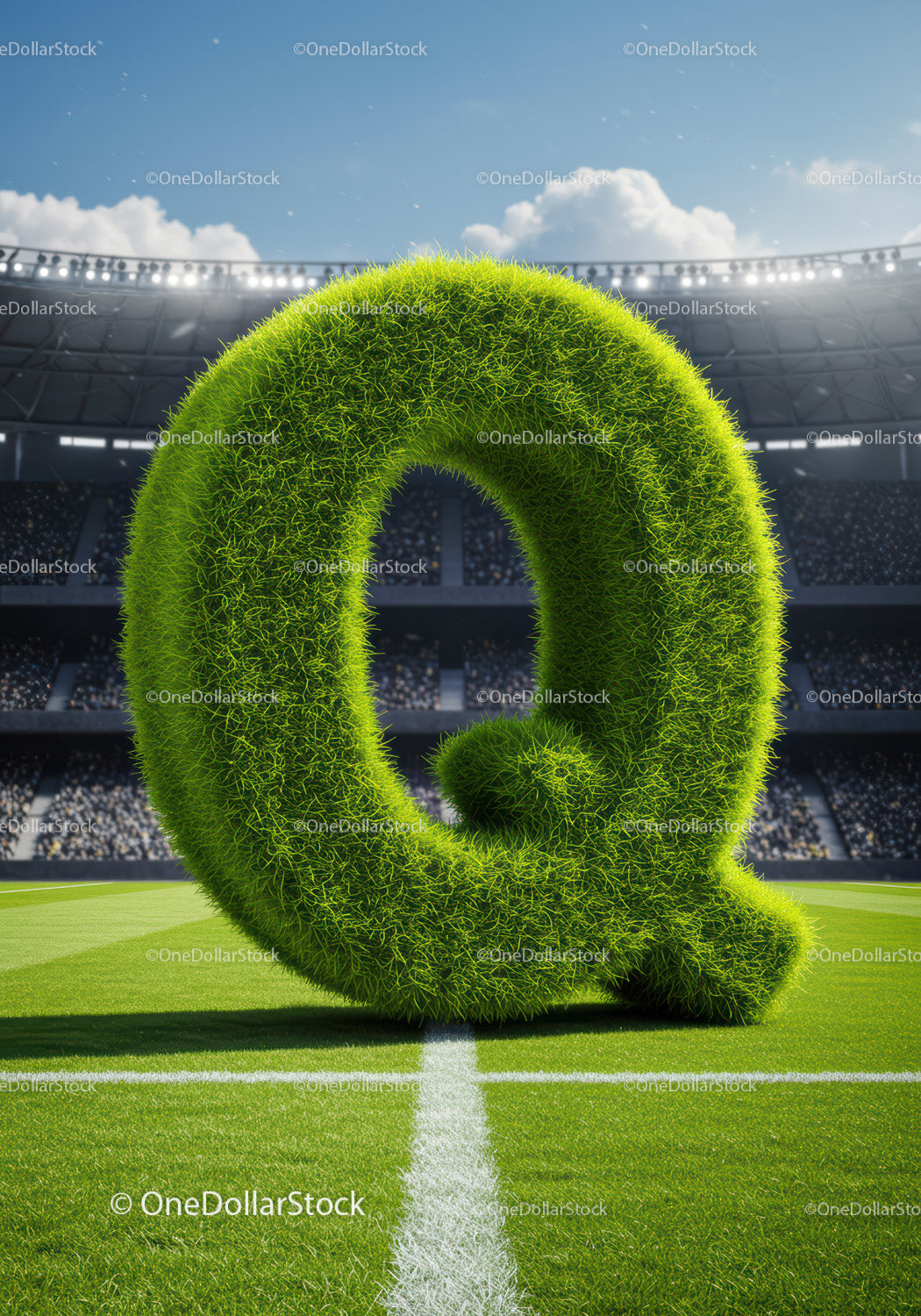 Zielona trawa z literą Q na boisku piłkarskim na stadionie