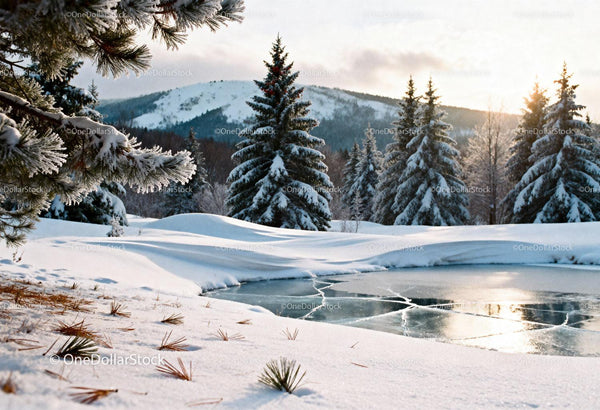 Winter forest landscape with frozen pond and snow covered trees