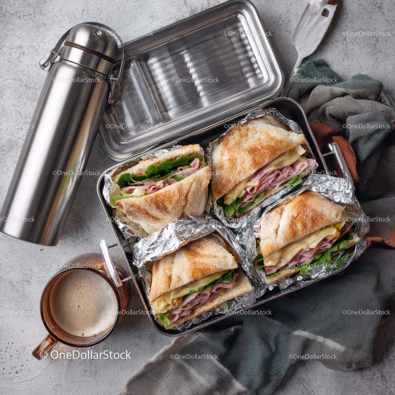 Ham and Cheese Sandwiches in Toasted Baguette with Fresh Lettuce