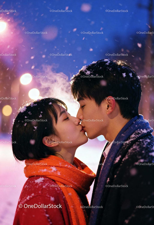 Couple sharing a tender kiss on a snowy winter night