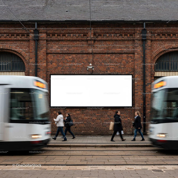 Busy city street with pedestrians and blank billboard JPG Mockup Image