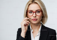 Elegant Business Woman in Red Glasses and Black Suit