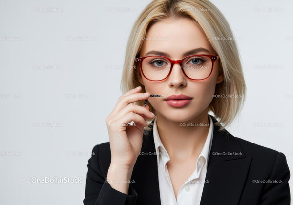Elegant Business Woman in Red Glasses and Black Suit