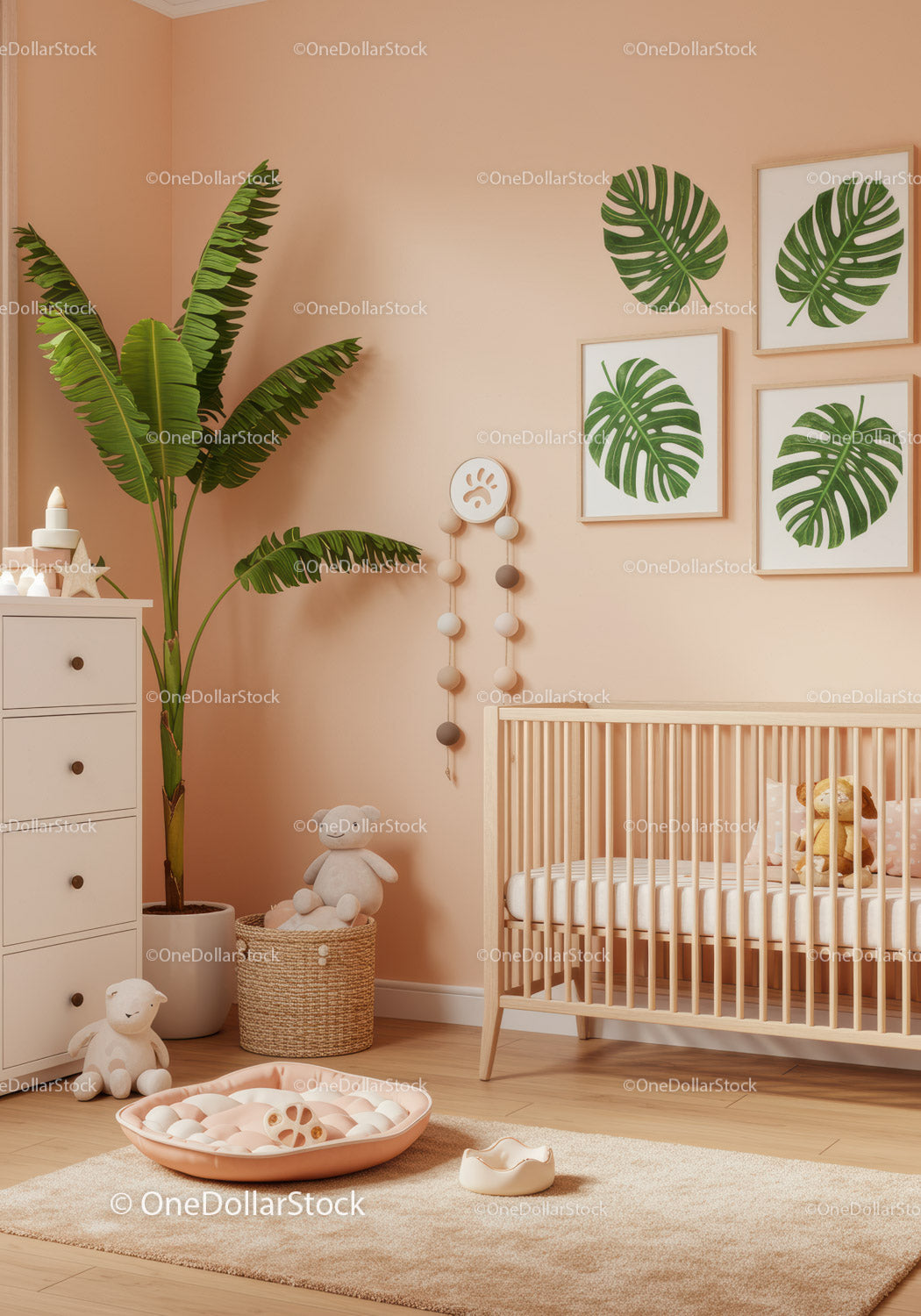 Modern Nursery Room with Monstera Wall Art and Baby Bed