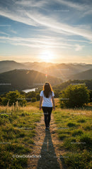 Woman Walking on Trail Towards Sunset Over Hills