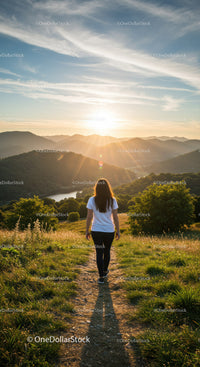 Woman Walking on Trail Towards Sunset Over Hills