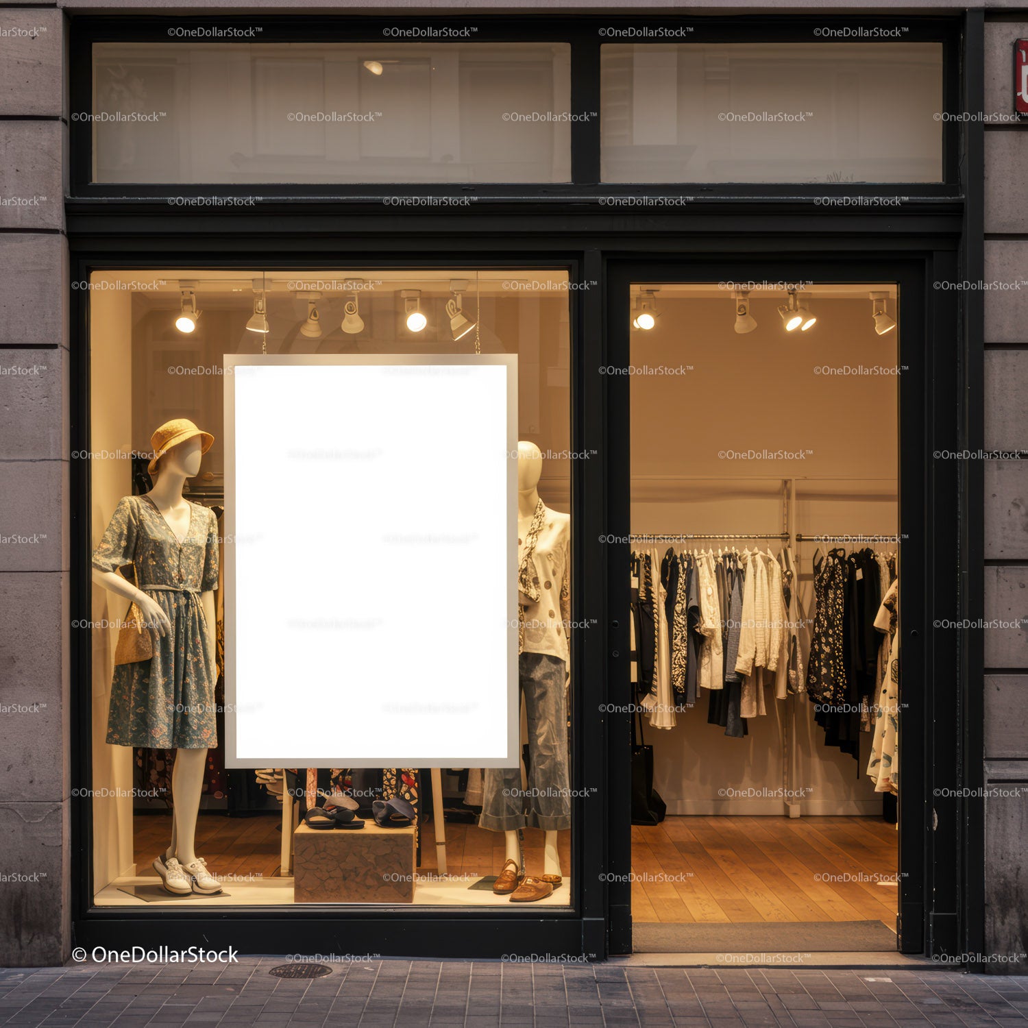 Fashionable shop window with summer outfits on mannequins