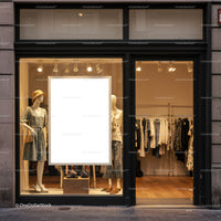 Fashionable shop window with summer outfits on mannequins