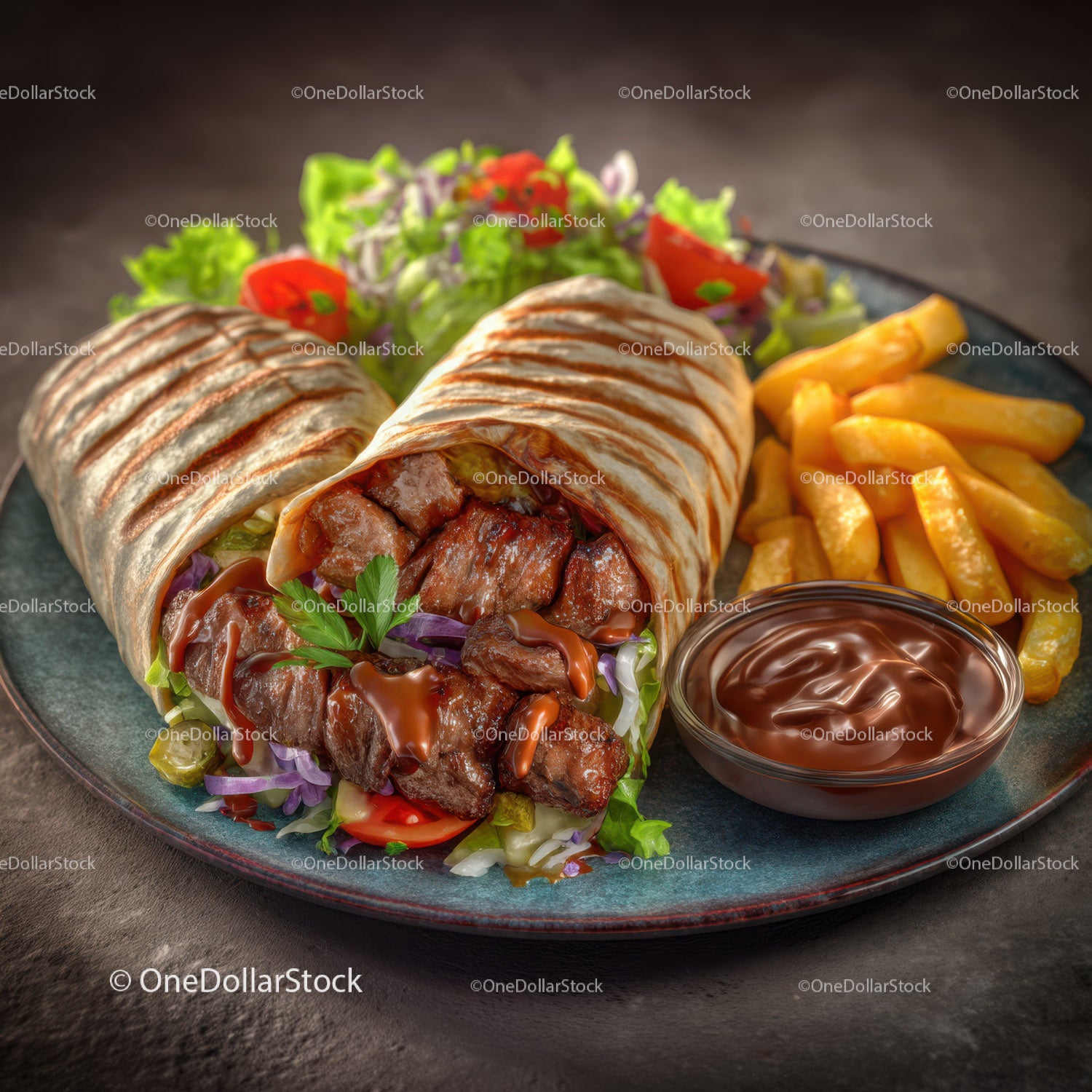 Grilled Chicken Burritos with French Fries and Chocolate Dip