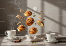 Steaming Coffee Cups with Floating Cinnamon Buns and Spices