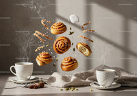 Steaming Coffee Cups with Floating Cinnamon Buns and Spices
