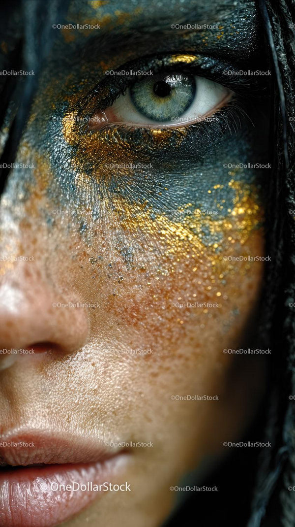Vivid Eye Makeup with Gold Glitter on Human Face