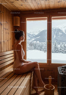 Relaxing Woman Sitting in Warm Wooden Sauna with Snowy Mountain View