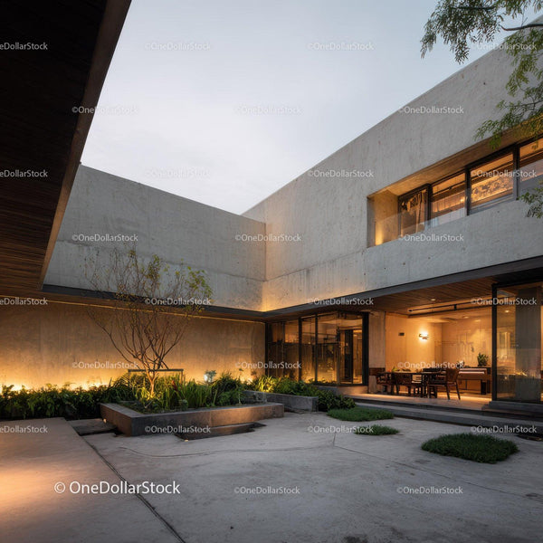 Modern Minimalist Concrete House with Stylish Garden and Lighting