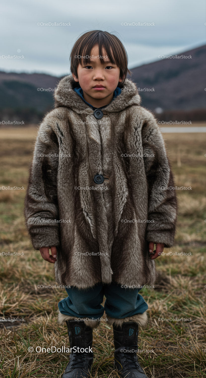Young Boy in Fur Coat in Mountain Landscape with Overcast Sky