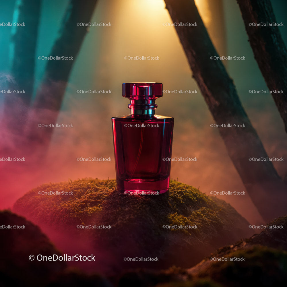 Elegancki czerwony flakon perfum na mchu z artystycznym oświetleniem