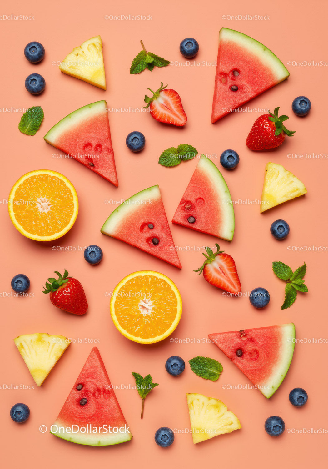 Fresh summer fruits assortment on peach background