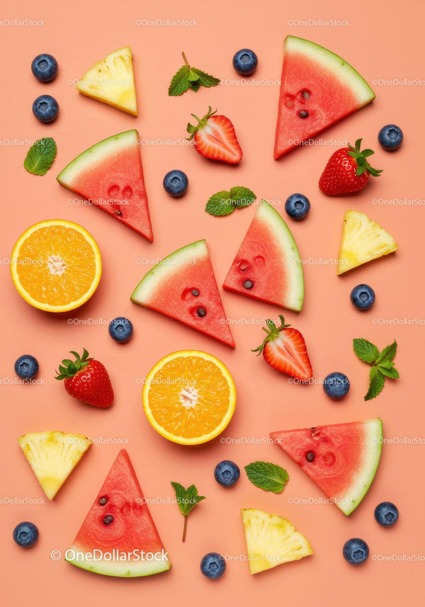Fresh summer fruits assortment on peach background