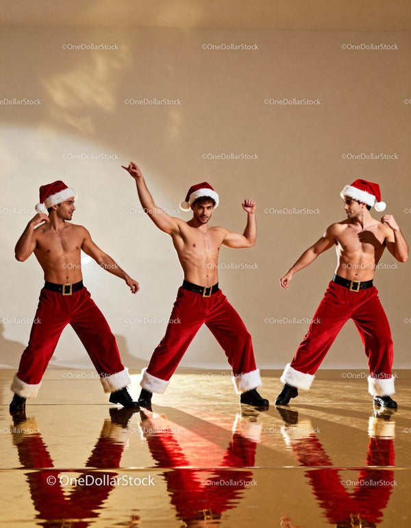 Three Shirtless Men Dancing in Santa Pants and Hats