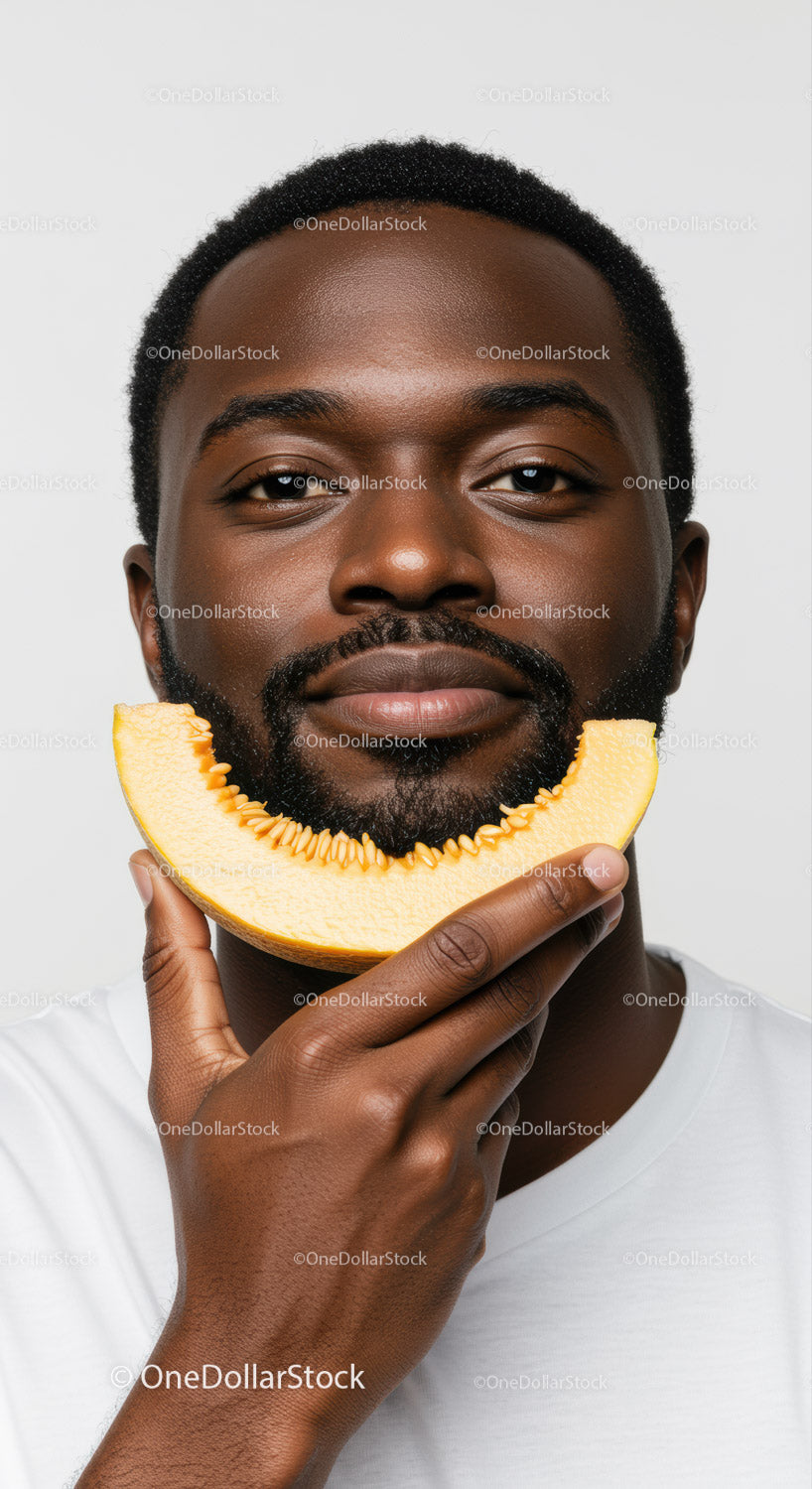 Portret radosnego mężczyzny trzymającego kawałek melona z szerokim uśmiechem