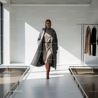 Woman walking confidently in winter fashion outfit