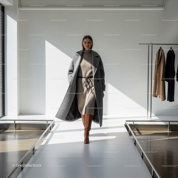 Woman walking confidently in winter fashion outfit JPG Mockup Image
