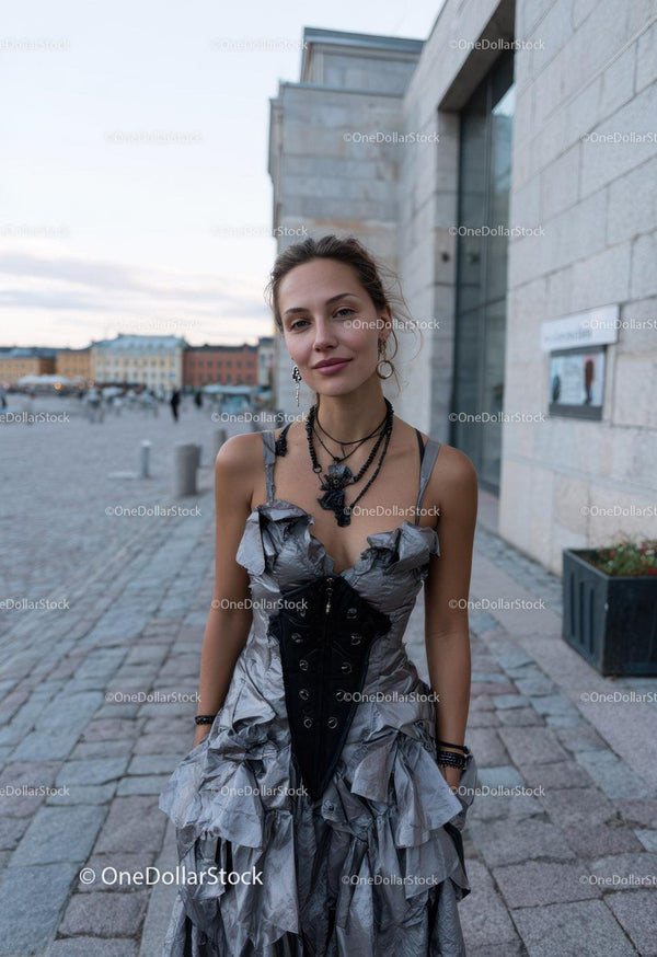 Stylowa młoda kobieta w sukience z falbanami i biżuterią na ulicy miasta